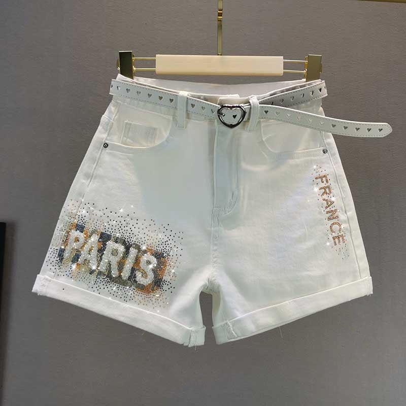 Quần ngắn jean ống rộng eo cao màu trắng mỏng họa tiết chữ cái 2021 dành cho nữ