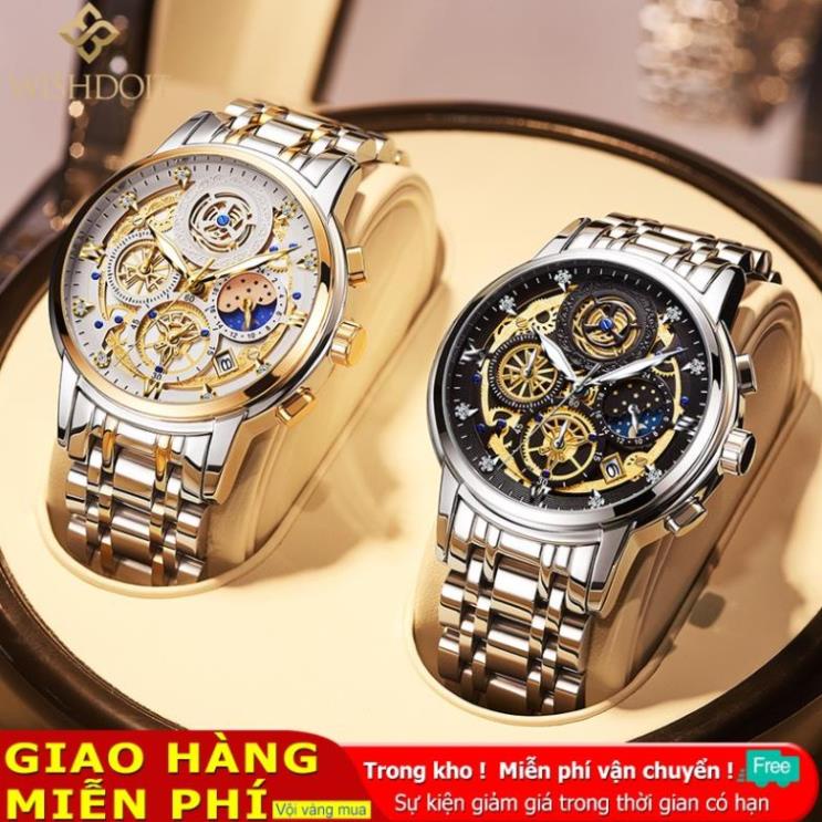 [CAO CẤP] WISHDOIT Đồng Hồ Quartz Ba Mắt Đa Năng Dây Thép Không Gỉ Thời Trang Thể Thao Cho Nam