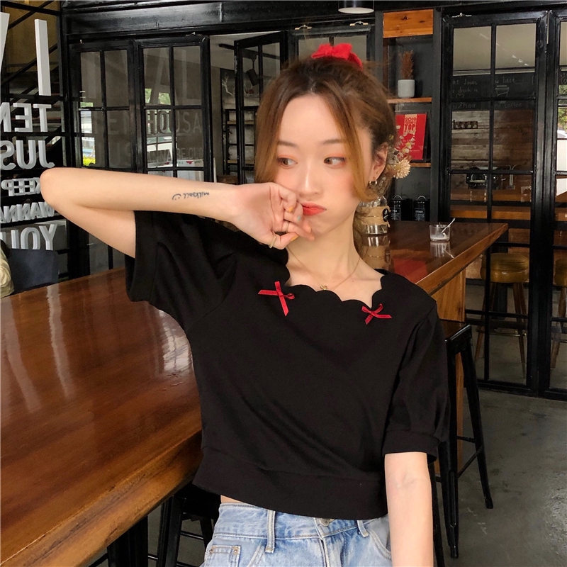 SUXI Áo Thun Ngắn Tay Phối Nơ Xinh Xắn Dành Cho Nữ