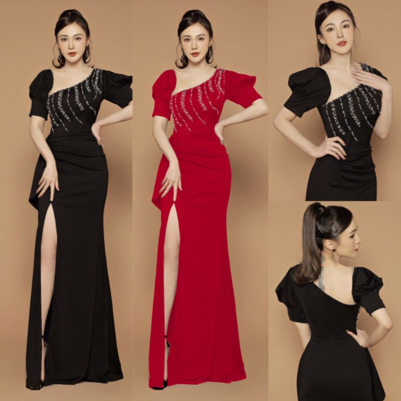 Đầm dạ hội kết pha Lê ngực phối lưới cao cấ