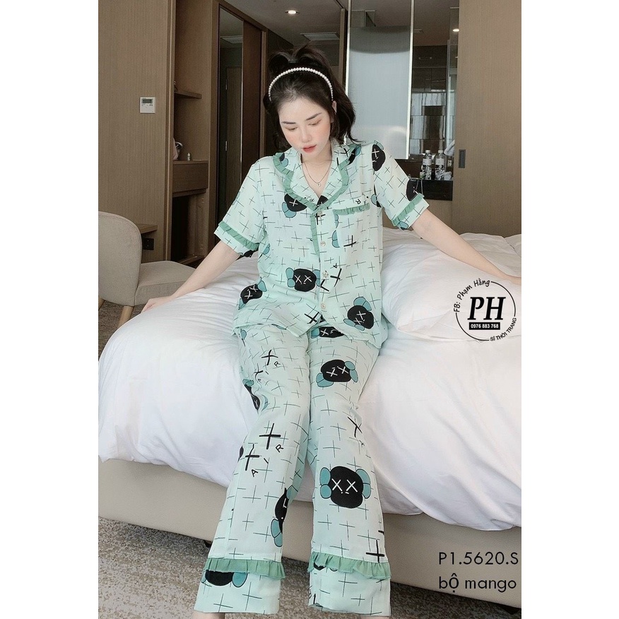 Bộ Pijama Lụa  Ngắn Tay họa tiết dễ thương hàng cao cấp đường may tỉ mỉ