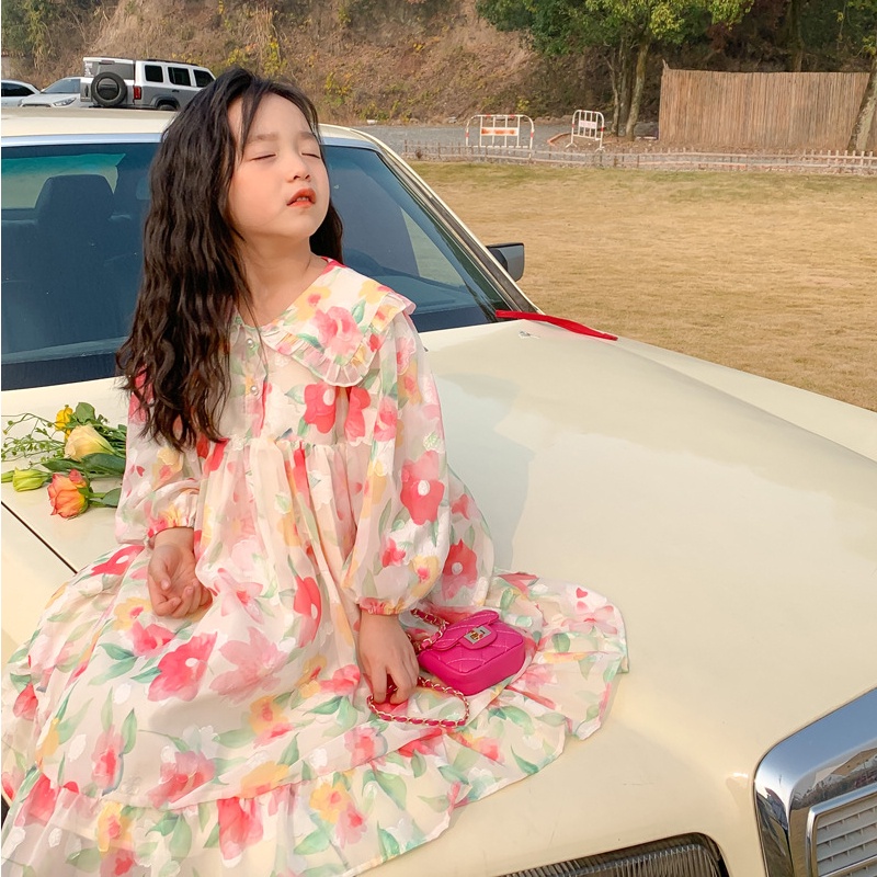 Đầm Tay Ngắn Họa Tiết Tranh Sơn Dầu Thời Trang Mùa Hè Dành Cho Bé Gái