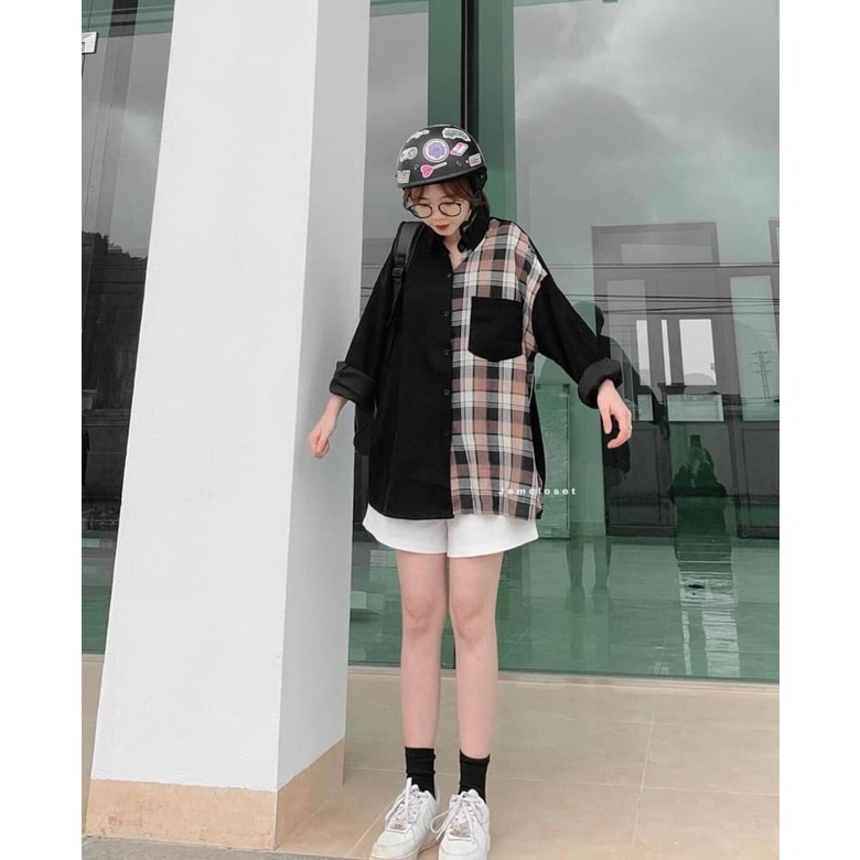 Áo Sơ Mi Phối Caro Kẻ JOLIE Nữ  🌸 Thun dài tay form rộng phong cách đường phố vintage cá tính Ulzzang 🌸