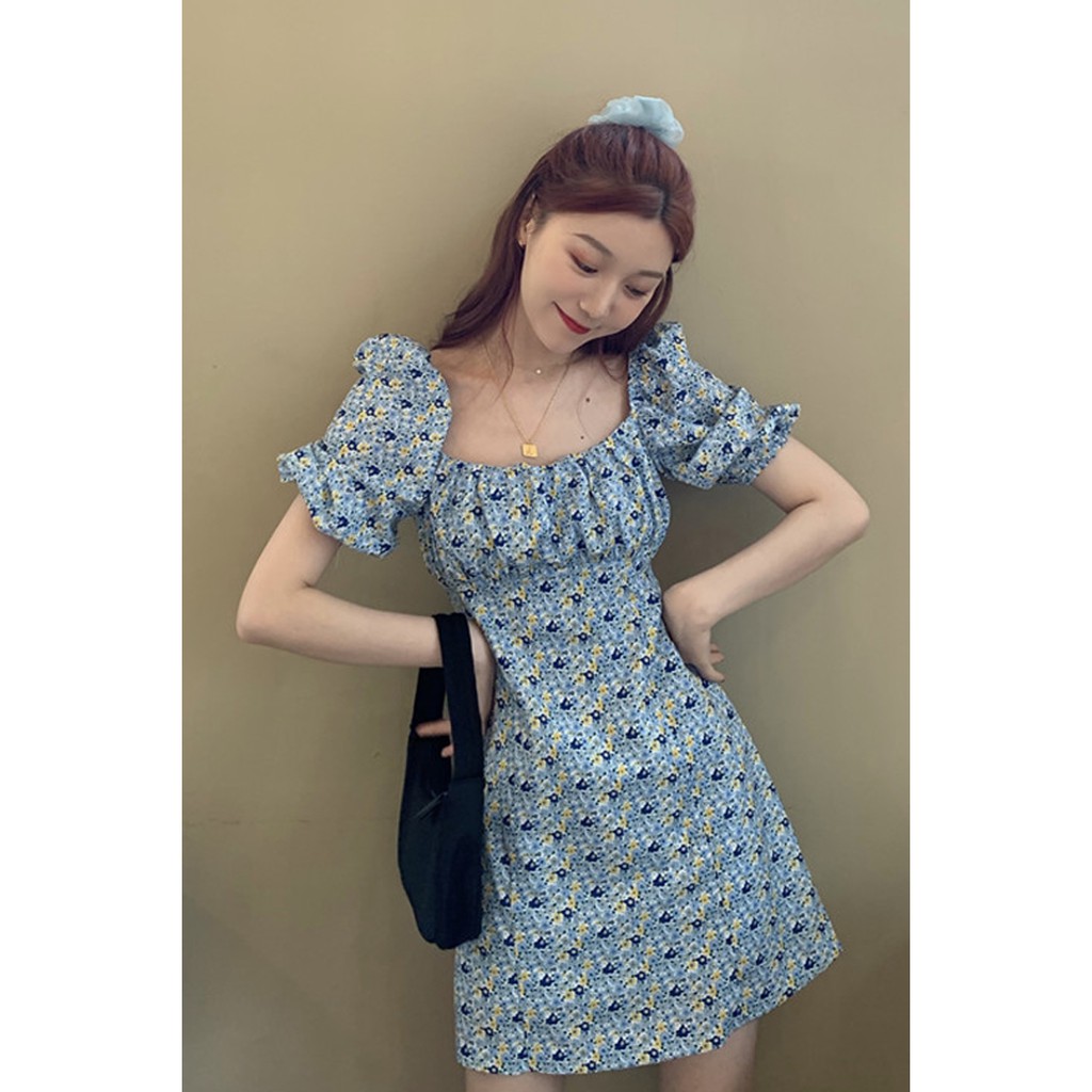 (ORDER) Váy hoa nhí màu xanh retro cổ vuông dúm ngực thon eo style Hàn Quốc mùa hè