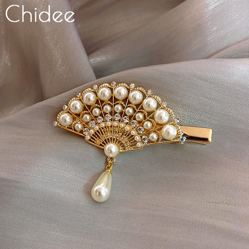 Kẹp Tóc Hình Quạt Đính Ngọc Trai Phong Cách vintage Hàn Quốc