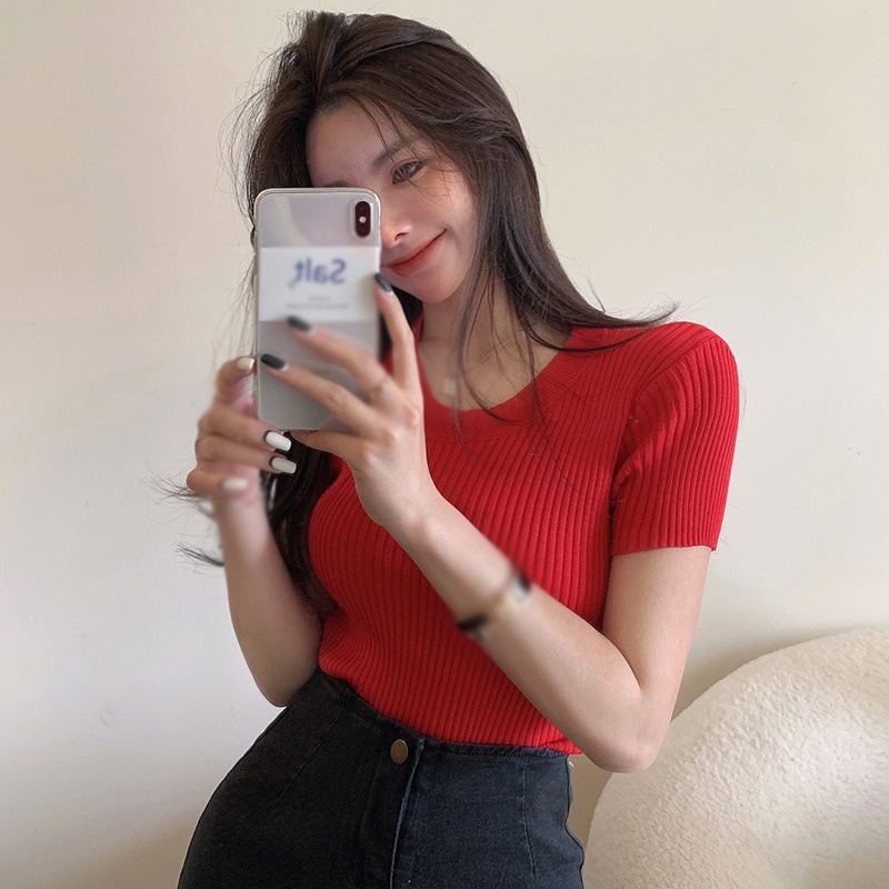 Áo Thun Dệt Kim Tay Ngắn Cổ Tròn Dáng Ôm Thời Trang Cho Nữ