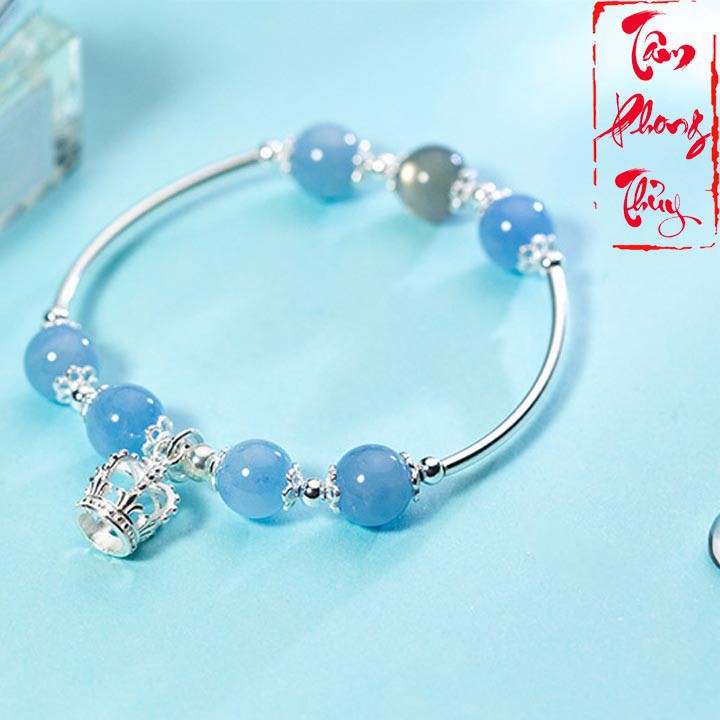 [Hàng kiểm định] Vòng Tay Bạc 925 Đá Th.ạch Anh Xanh Mix Charm Vương Miện - Tâm Phong Thủy