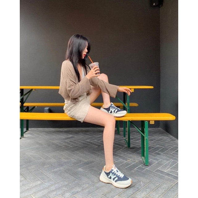 Giày chunky jogger MLB đen phối gót nâu