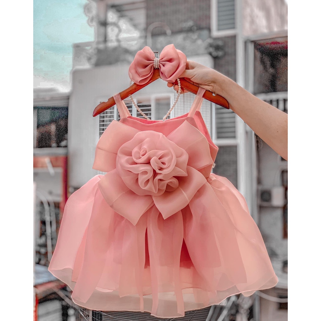 Váy Công Chúa Cho Bé Gái Thiết Kế Hoa Hồng Trước Ngực Nơ Lưng Cực Xinh, Đầm Công Chúa 2 Dây Hoa Nơ 4 Cánh Cao Cấp