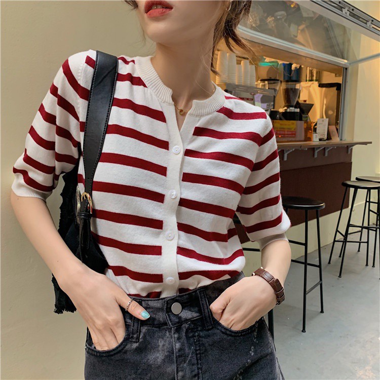 Áo sweater cardigan dệt kim tay lửng dáng rộng họa tiết kẻ sọc cổ điển thời trang mùa hè dành cho bạn nữ 17168