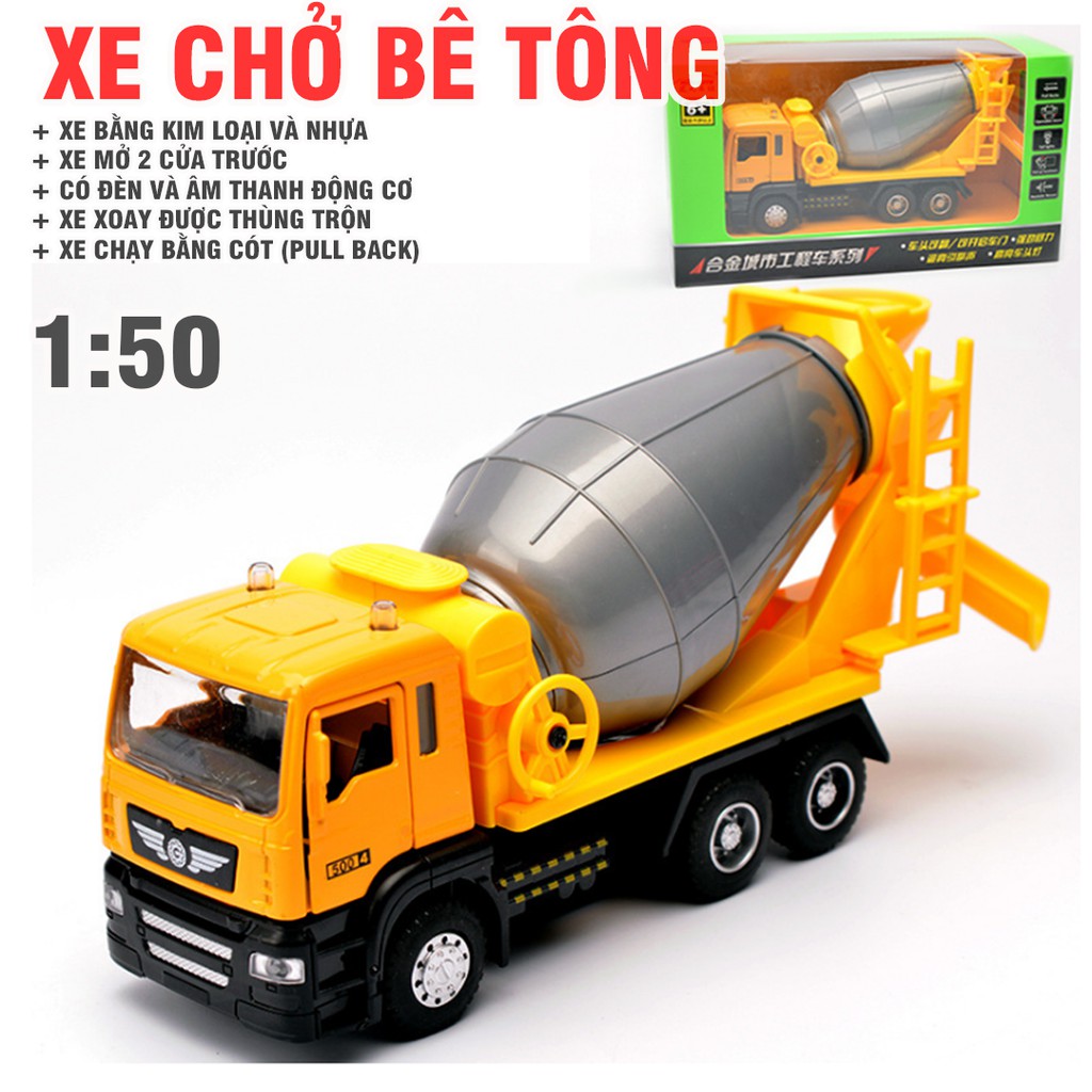 Mô hình xe chở bê tông mini bằng hợp kim nhựa tỉ lệ 1:50 có âm thanh và đèn