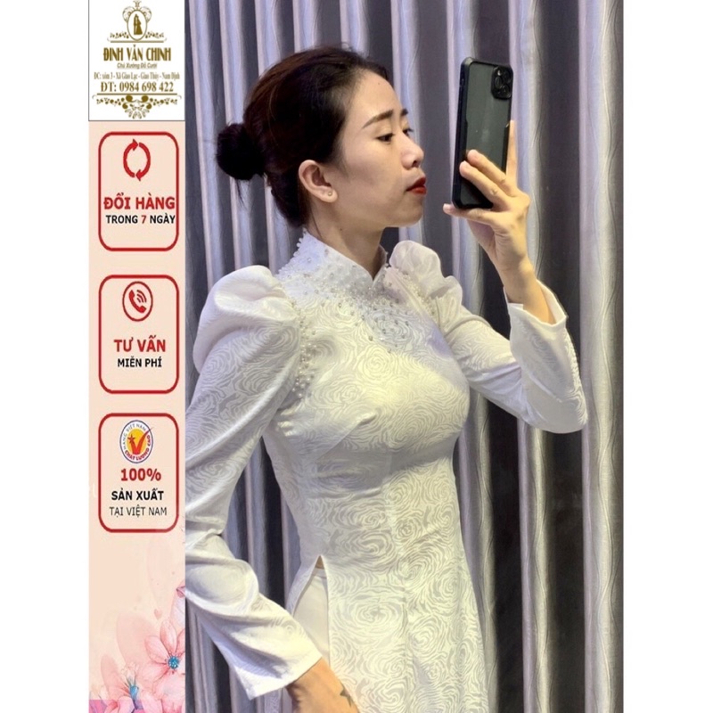 Áo dài trắng gấm saka cao cấp mới