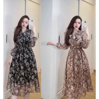 Váy nữ 💖freeship💖 đầm đẹp cho nữ - váy voan hoa cổ nơ tiểu thư 2 màu caramen - đen freesize