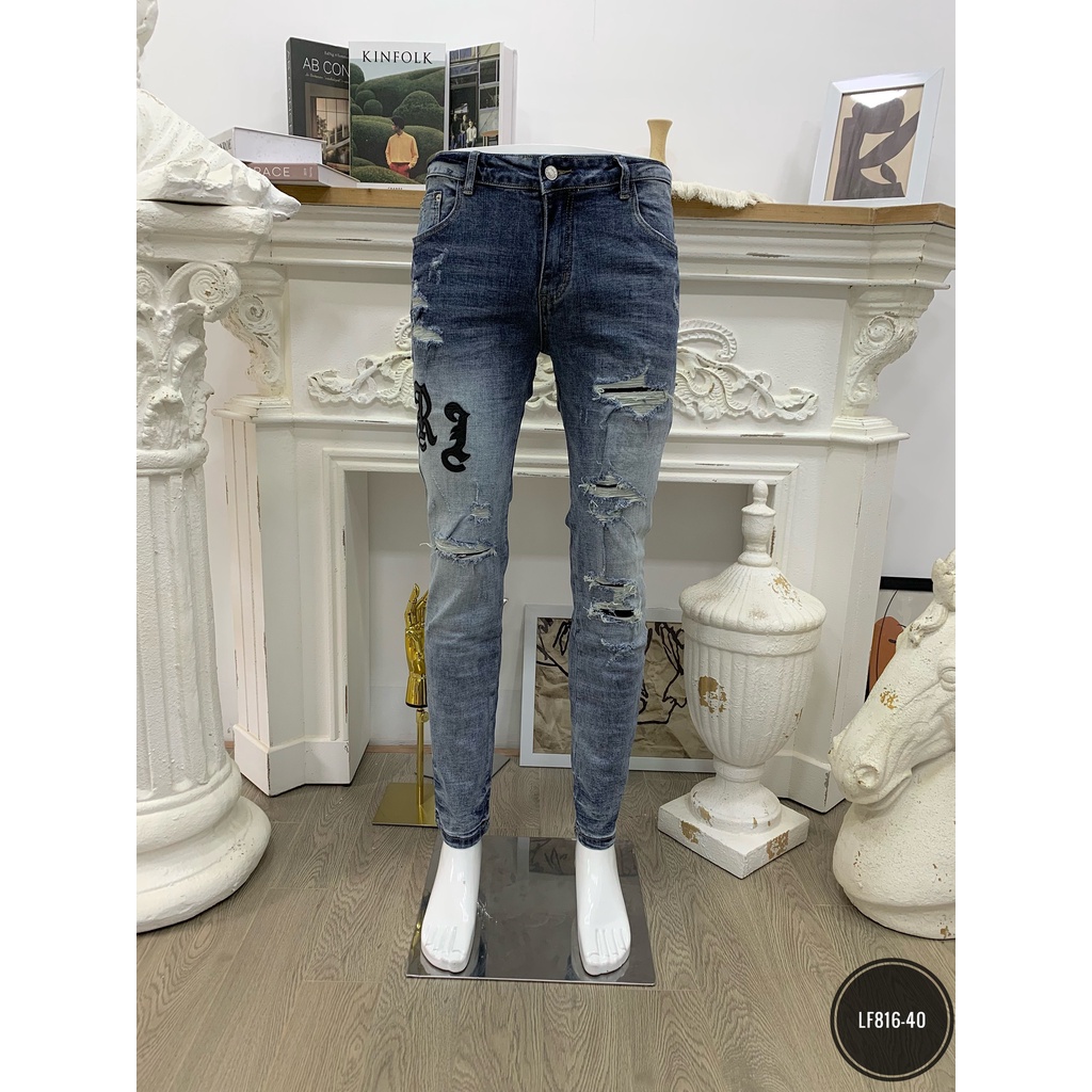 Quần bò nam AMR xanh mài, rách ,thêu chữ ống , Quần Jeans nam thời trang ống côn cao cấp sành điệu , Jean MÃ LF816
