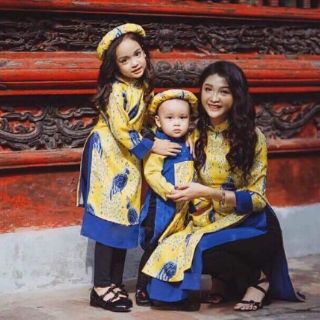 Set áo dài gấm cách tân 2 tà mẹ và bé
