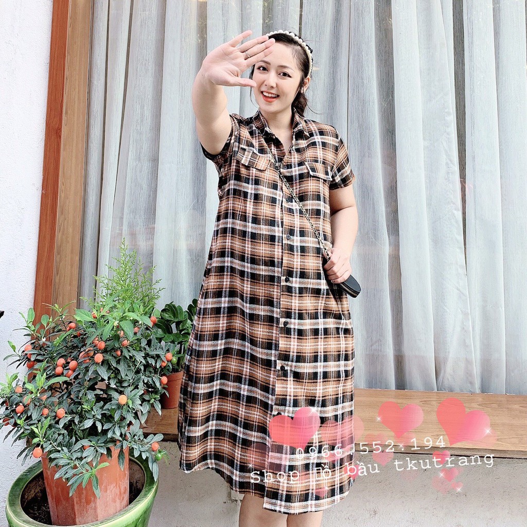 Váy bầu thời trang thiết kế sơ mi hàng cúc thật