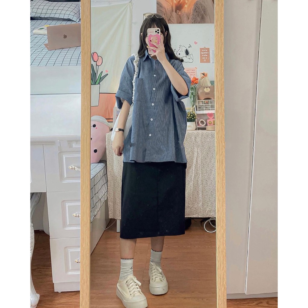 Áo sơ mi tay lỡ kẻ sọc chất thô mềm, áo sơ mi kiểu dáng oversize Hàn Quốc - Xưởng May Hạnh Hồng | BigBuy360 - bigbuy360.vn