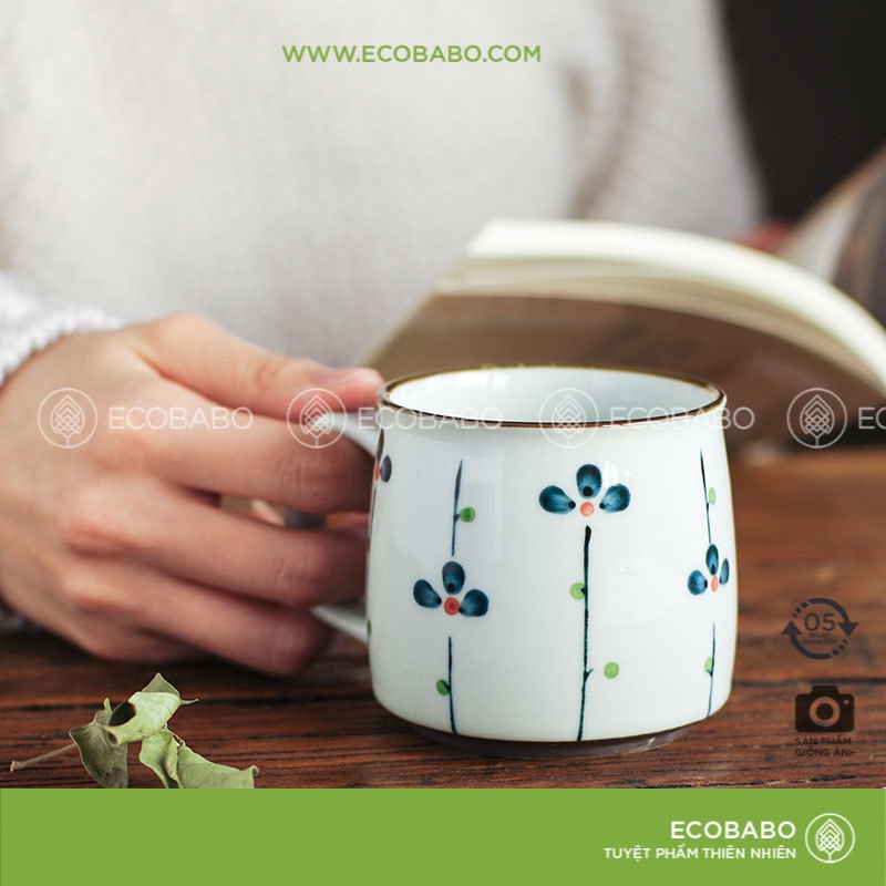 Cốc gốm cốc nước cà phê ăn sáng xuất nhật bản tráng men hoa văn vẽ tay - Ecobabo