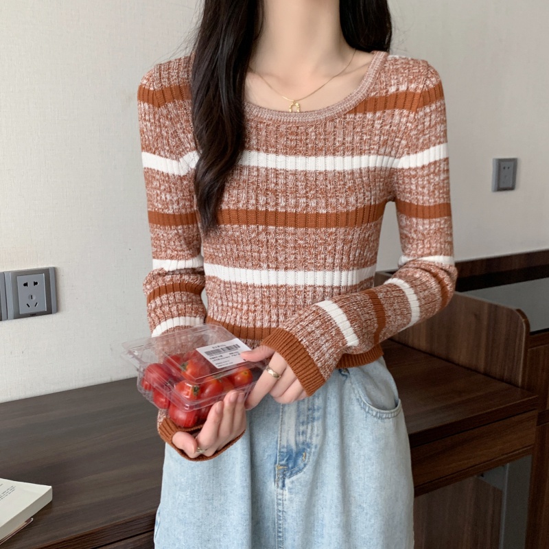 ZHELIHANGFEI Áo Len Tay Dài Form Ôm Họa Tiết Sọc Dễ Phối Đồ