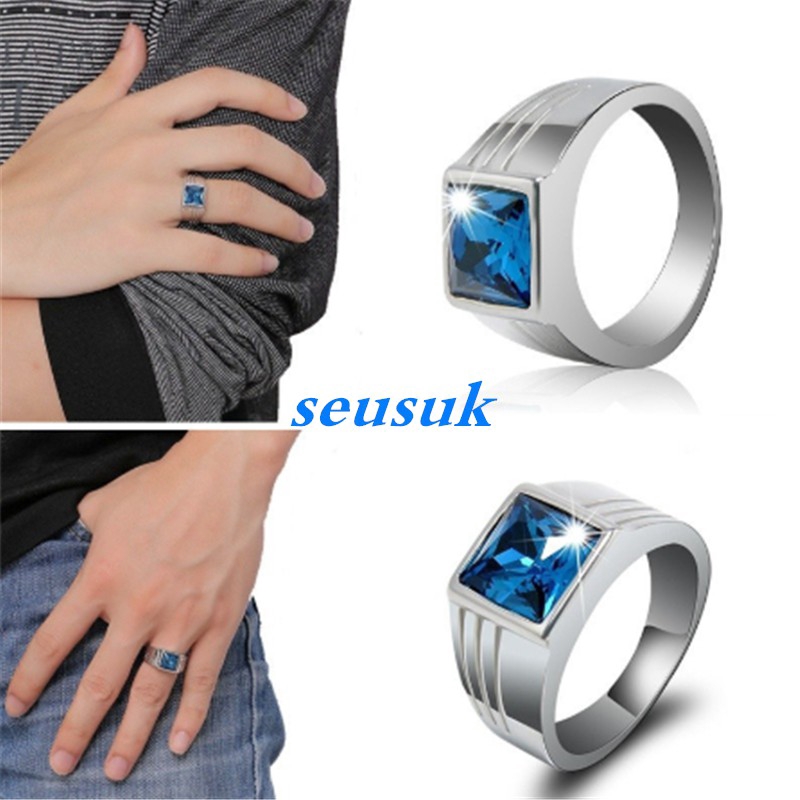 Nhẫn bạc SEUSUK đính đá Sapphire màu xanh lam lấp lánh thanh lịch cho nam giới