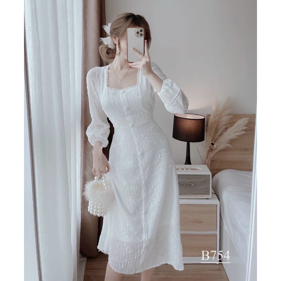 Đầm dự tiệc Đầm ren cổ vuông phối nút phù hợp mặc đi tiệc, đi chơi, đi dạo, chụp hình kỉ yếu TANA D0498
