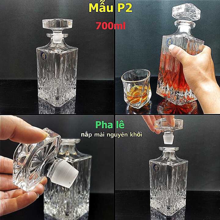 Chai Đựng Rượu Pha Lê 700ML cao cấp mẫu Vuông hoa văn nổi – Nắp mài đặc nguyên khối không cần gioăng (Mẫu P2)