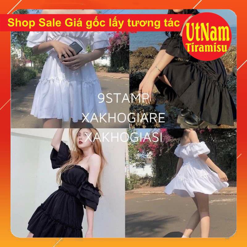 ( Sẵn) Đầm dự tiệc trễ vai tay bồng 3 tầng bèo Dáng xòe, Váy Tiểu Thư Trắng Trễ Vai or Cổ Vuông Vintage 2 màu Đen, Trắng