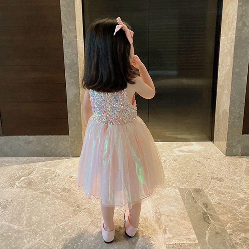 Đầm Hai Dây Phối Lưới Đính Kim Sa Lấp Lánh Thời Trang Mùa Hè Cho Bé Gái
