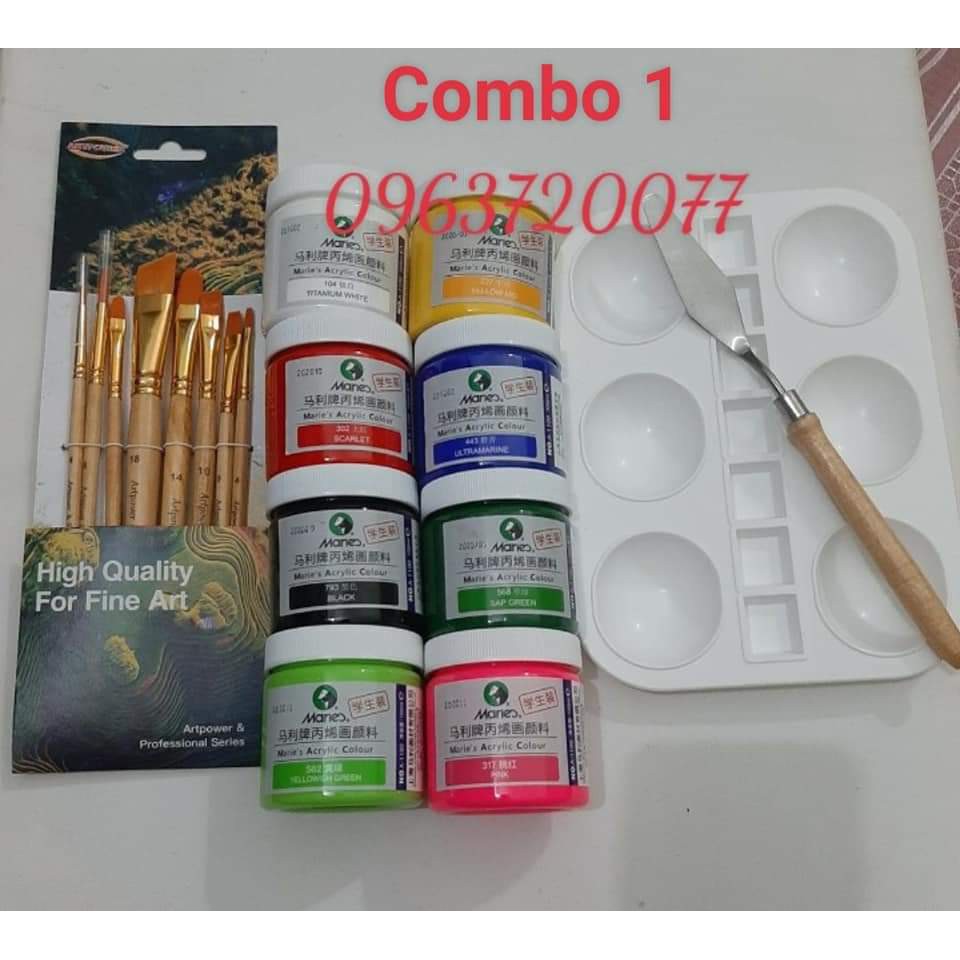 Combo màu acrylic + bay vẽ + cọ vẽ + palet ( cho người học vẽ)