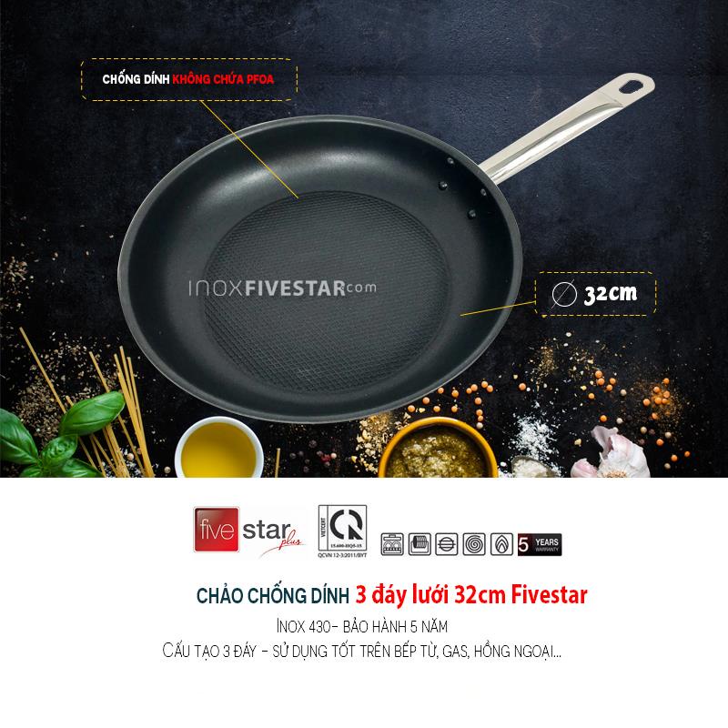 Chảo chống dính Fivestar 30-32cm-dùng bếp từ-Inox 430-3 đáy-Chảo rán,chiên,nướng cao cấp,giá rẻ,chính hãng-BH 5 năm