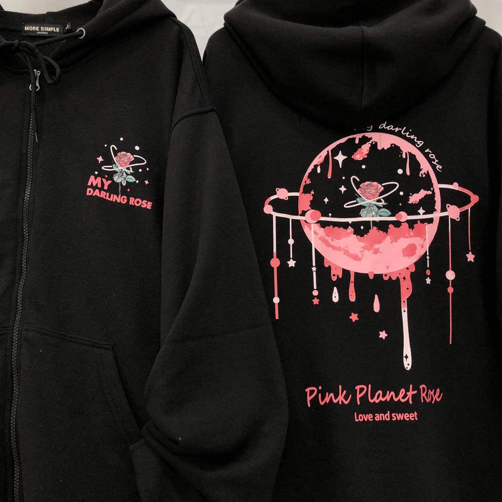 Áo Khoác Nỉ Bông PLANET ROSE Phối Dây Kéo Form Rộng Ulzzang (Ảnh Thật)