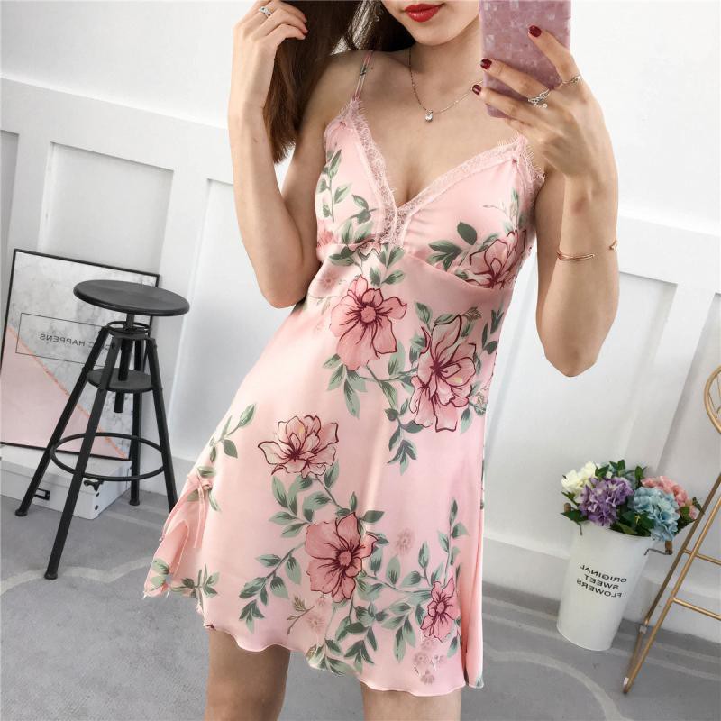 Váy ngủ lụa sexy hai dây họa tiết hoa _đồ ngủ sexy SL145 pijama đui cộc tay ngủ lụa