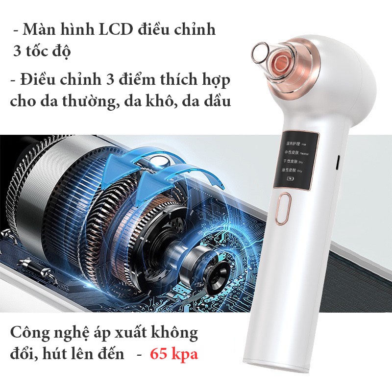 Máy hút mụn , máy hút mụn đầu đen, cám có đầu massage nhiệt tặng 5 đầu hút