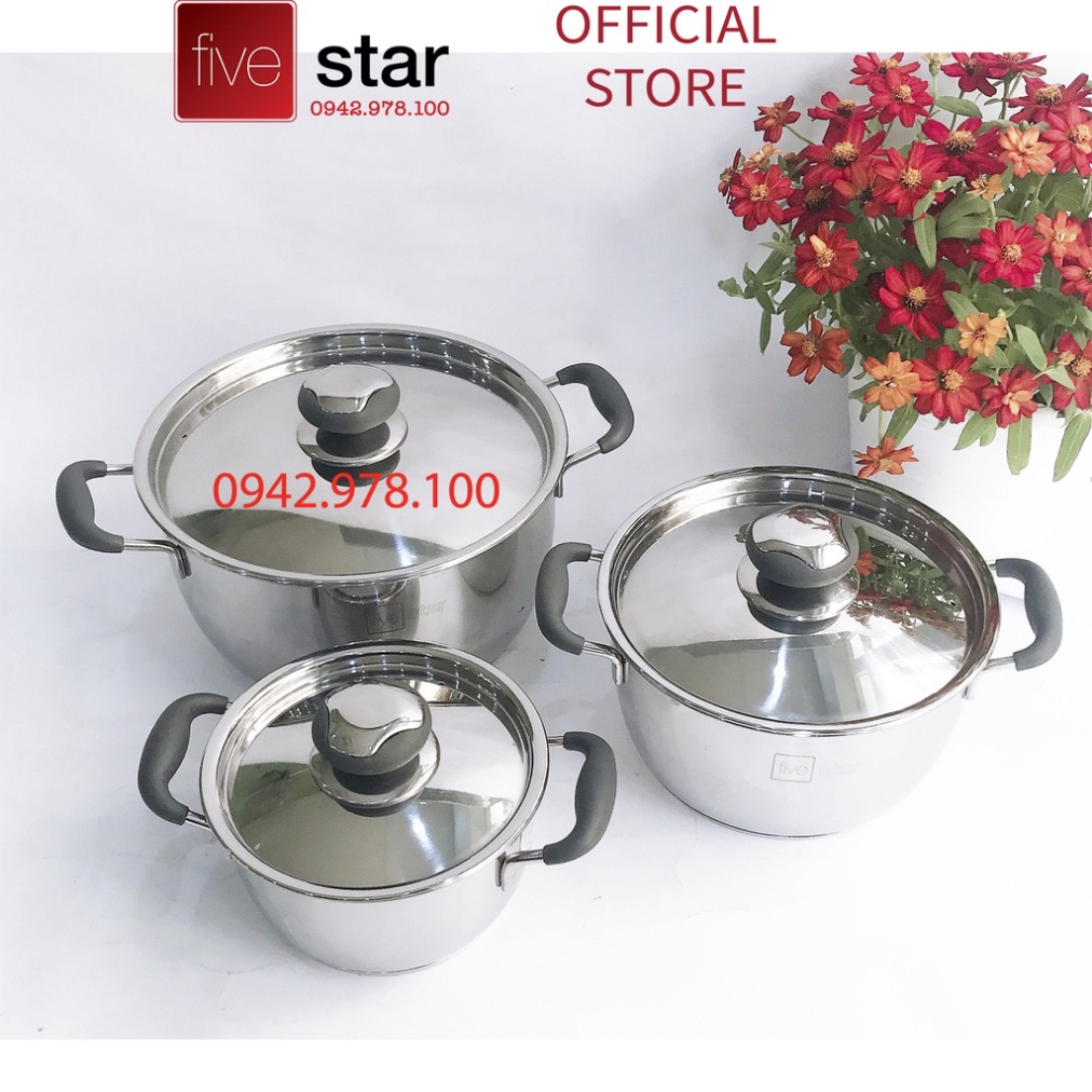 Bộ nồi inox 430 cao cấp Fivestar Standard 3 chiếc nắp inox 3 đáy bếp từ quai silicon chống nóng , tặng 5 muỗng ăn