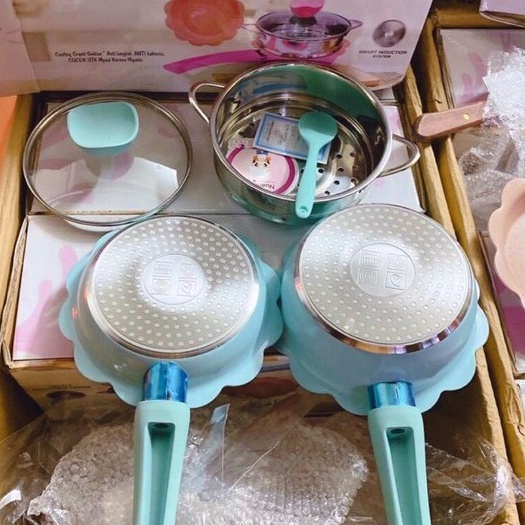 BỘ NỒI CHẢO ĐÁ KÈM XỬNG HẤP NẤU ĐỒ ĂN DẶM CHO BÉBỘ NỒI CHẢO QUẤY HÌNH HOA CAO CẤP MEN ĐÁ CHỐNG DÍNH