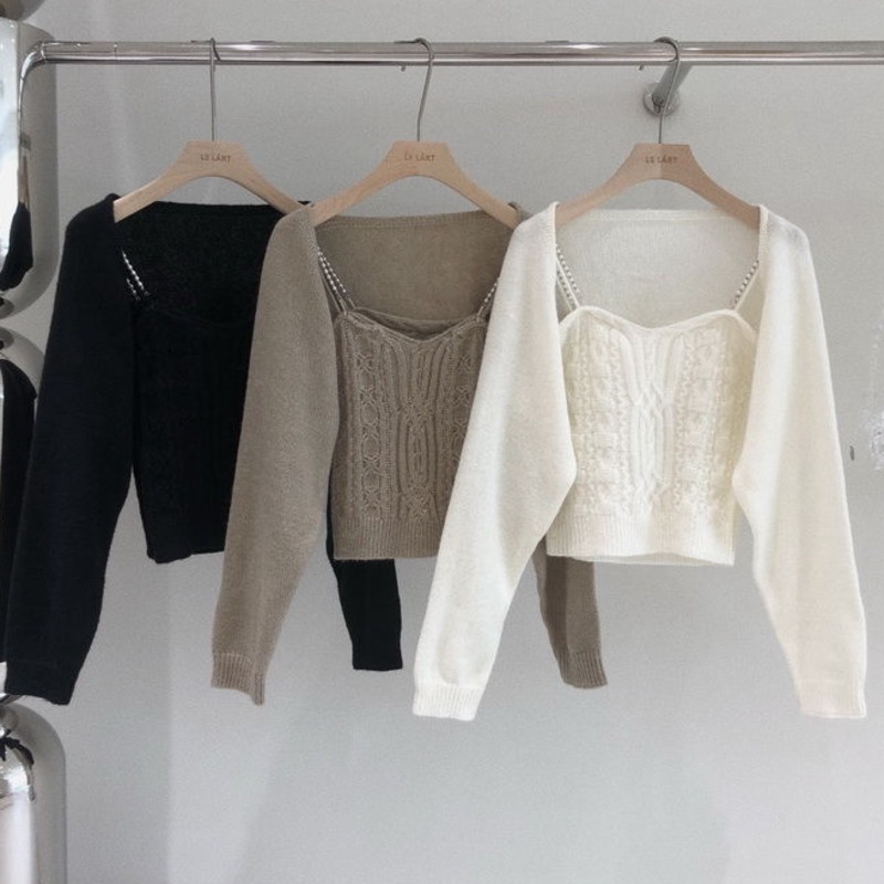 Áo Len Cardigan Dài Tay Hai Dây Đính Ngọc Trai Phong Cách Pháp Cổ Điển Dành Cho Nữ