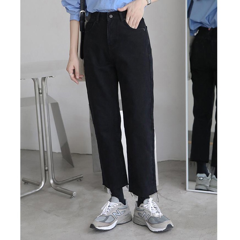 IELGY Quần Jean Nữ Cạp Cao Ống Đứng Màu Đen Dễ Phối Đồ Phong Cách Hàn Quốc