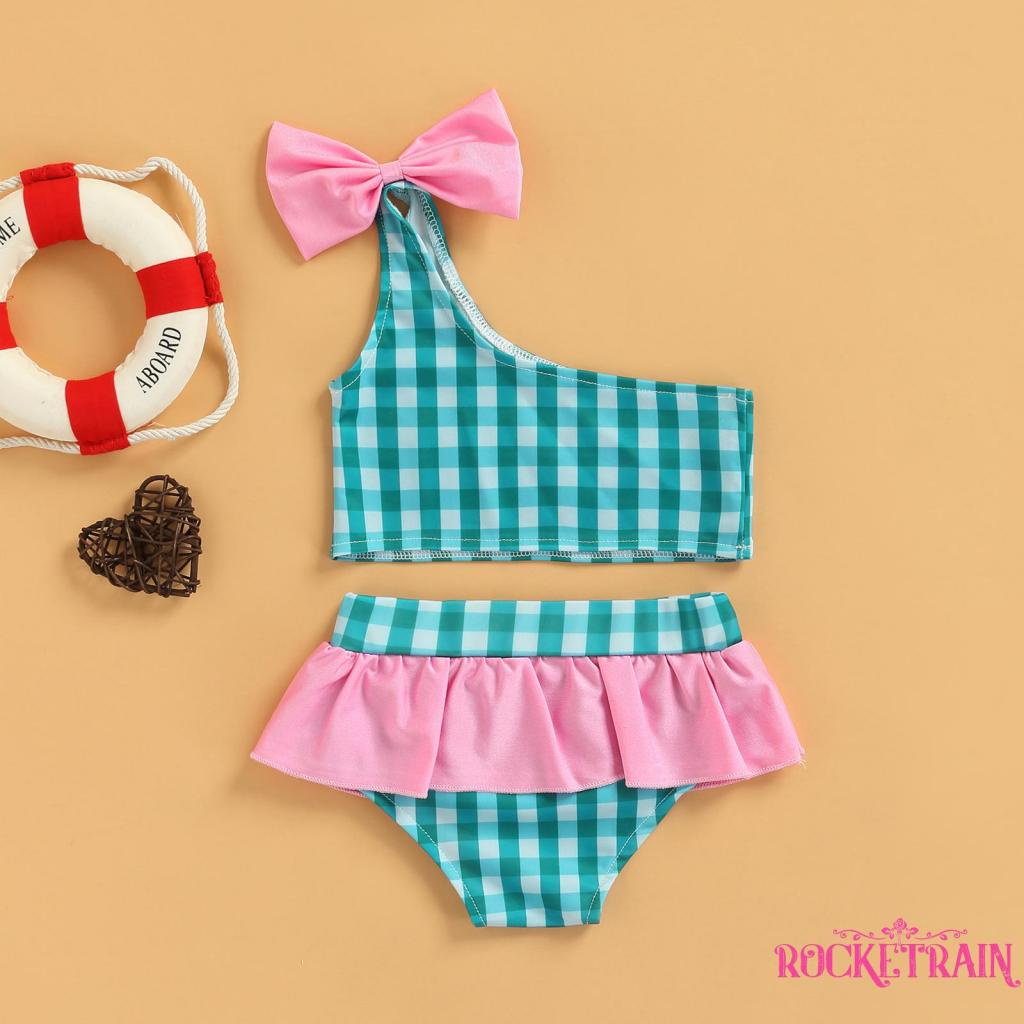 ☏Pt✦Bộ Đồ Bơi Một Mảnh Trễ Vai + Chân Váy Ngắn Kẻ Sọc Thời Trang Mùa Hè Cho Bé Gái