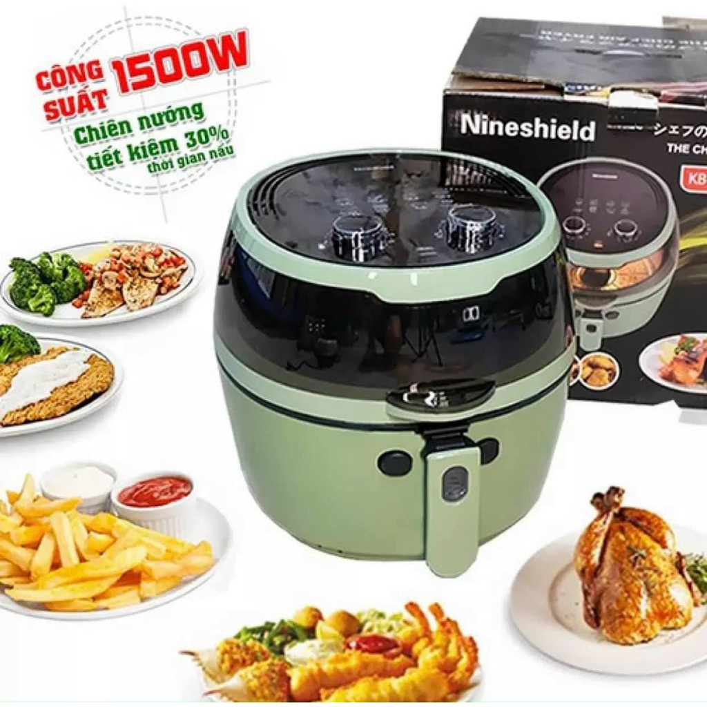 NỒI CHIÊN KHÔNG DẦU NINE SHIELD 8L/1500W MẶT KÍNH THỦY TINH CHỊU NHIỆT MỚI NHẤT 2021