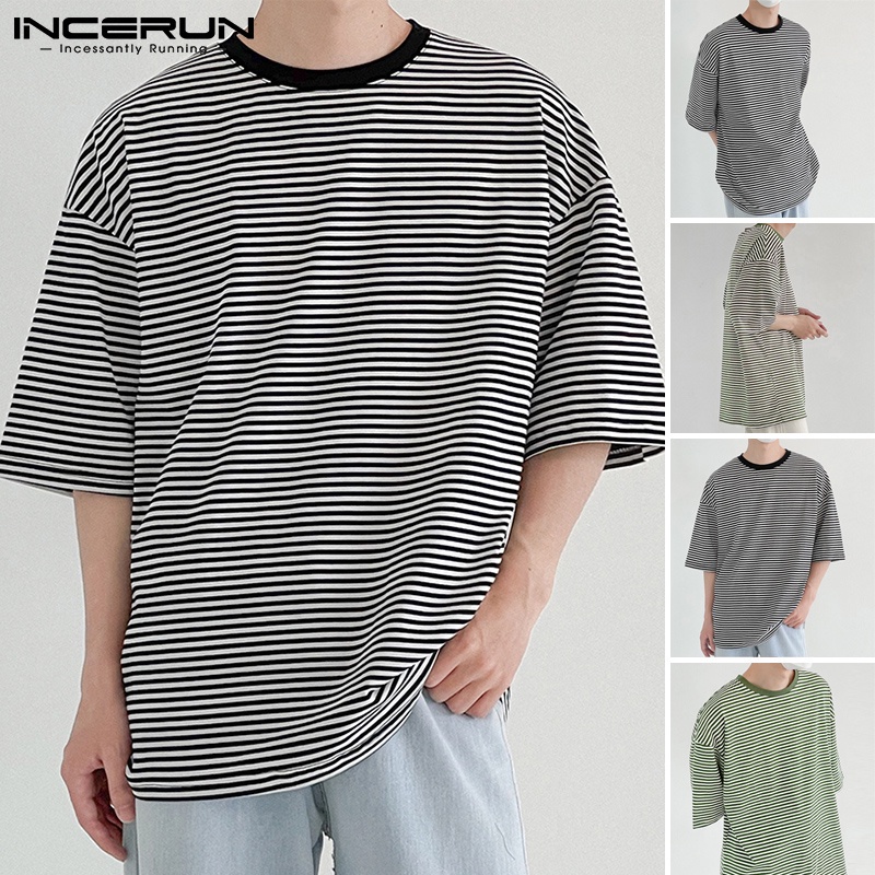 Áo thun Incerun tay lửng dáng rộng họa tiết kẻ sọc trẻ trung thời trang cho nam