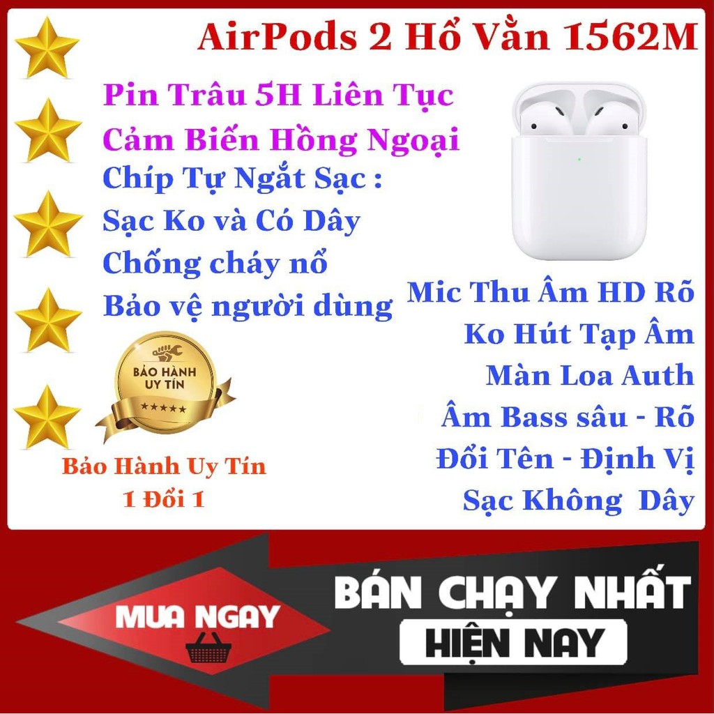 Tai nghe bluetooth Airpods 2 Hổ Vằn 1562 Đổi Tên - Định Vị, Tự Kết Nối, Cảm biến Chạm