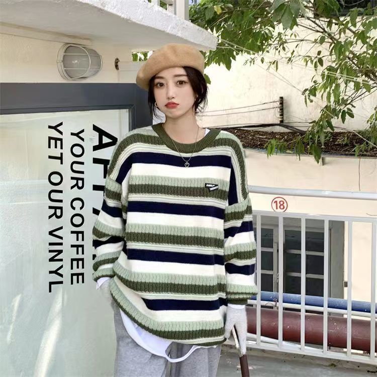 Áo sweater Dày Dáng Rộng Họa Tiết Kẻ Sọc Thời Trang Thu Đông Phong Cách Retro Mới Cho Nữ