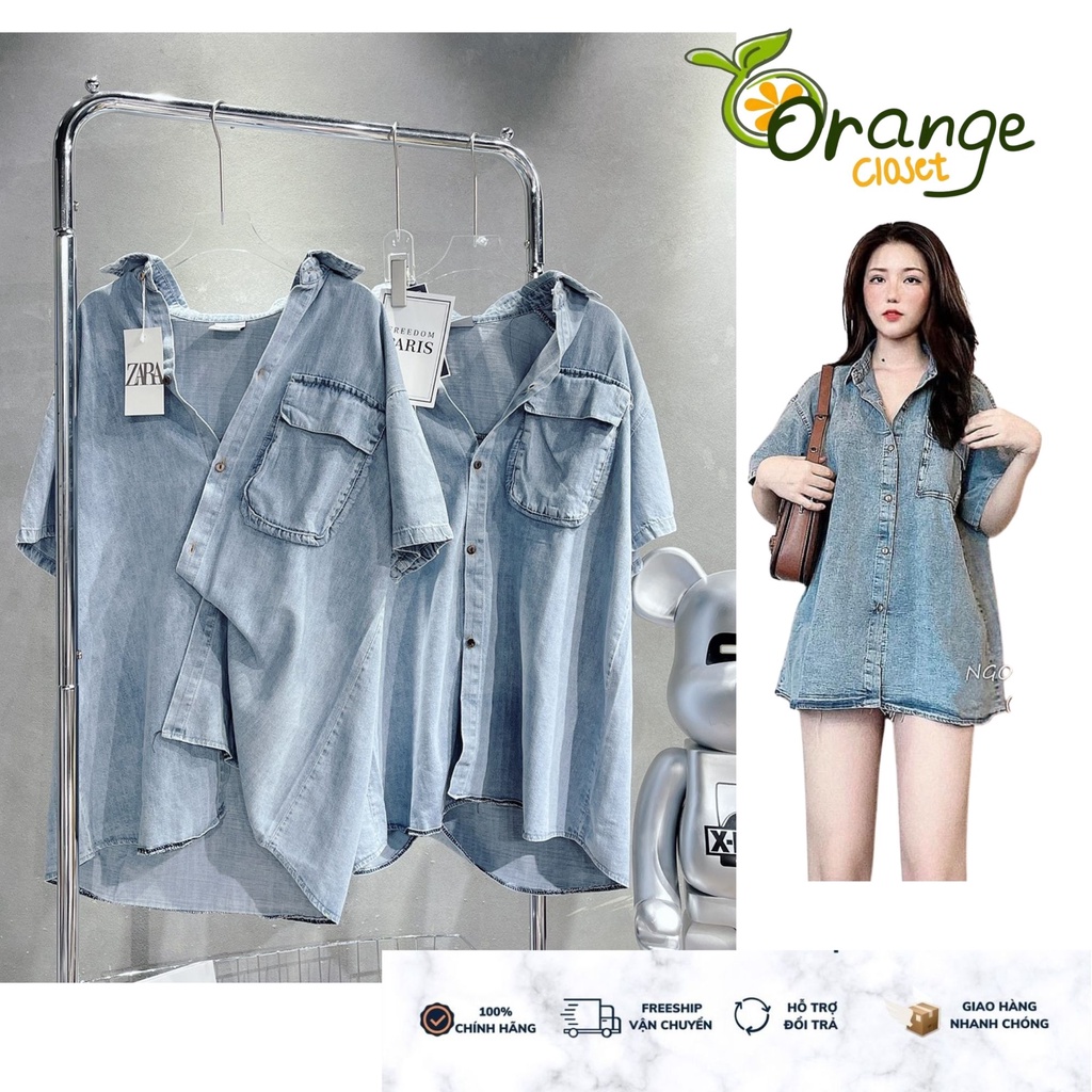 Áo  sơ mi Jean nữ cộc tay form rộng. áo bò nữ tay ngắn có túi ngực free Size 45>>60 kg | BigBuy360 - bigbuy360.vn