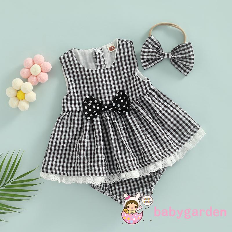 Set Đồ 3 Món Gồm Áo Sát Nách Cổ Tròn Kẻ Sọc Ca Rô + Quần Short Lưng Thun + Băng Đô Dành Cho Bé Gái 0-24 Tháng Tuổi