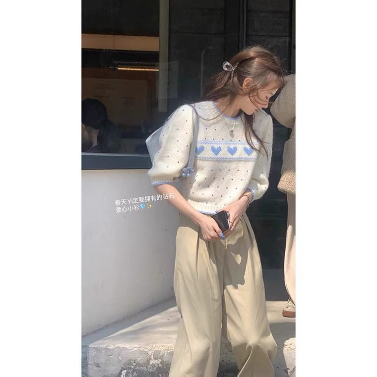 Áo Sweater Tay Ngắn Cổ Tròn Dáng Rộng Màu Sắc Tương Phản Thời Trang Mùa Xuân Cho Nữ