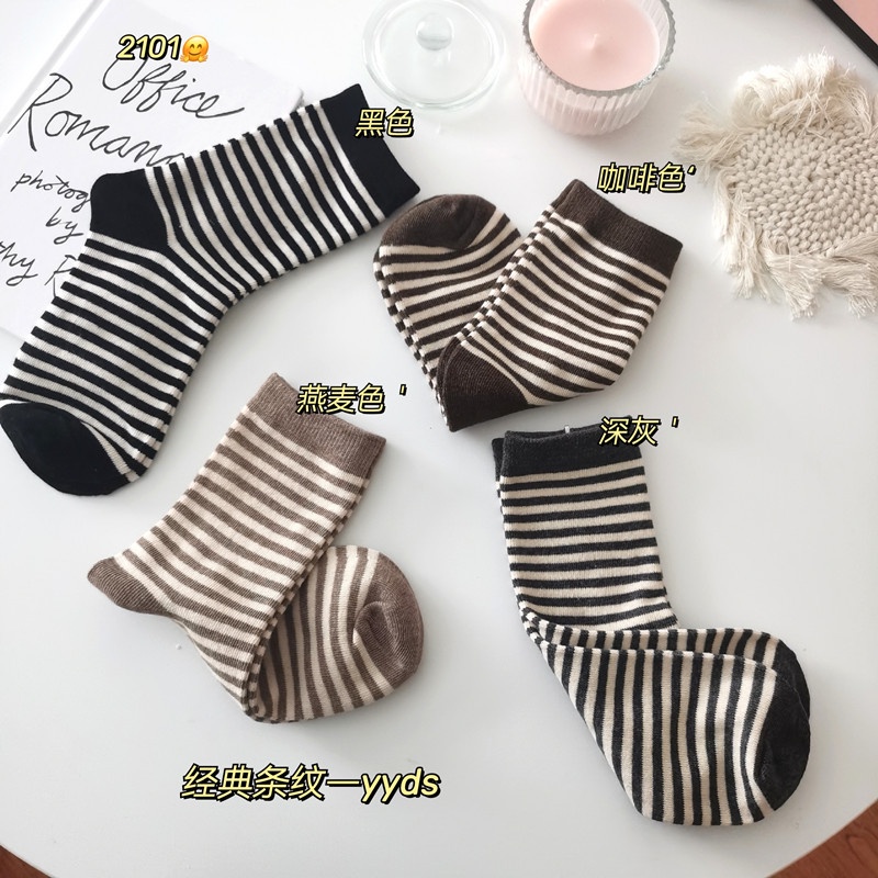 Vớ WAFNHA D662 vải cotton kẻ sọc dễ thương phong cách Hàn Quốc dành cho nữ