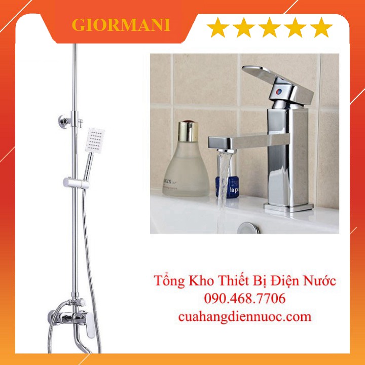 Sen tắm, Combo bộ sen cây kèm vòi chậu lavabo vuông nóng lạnh cao cấp SC17-SNL16