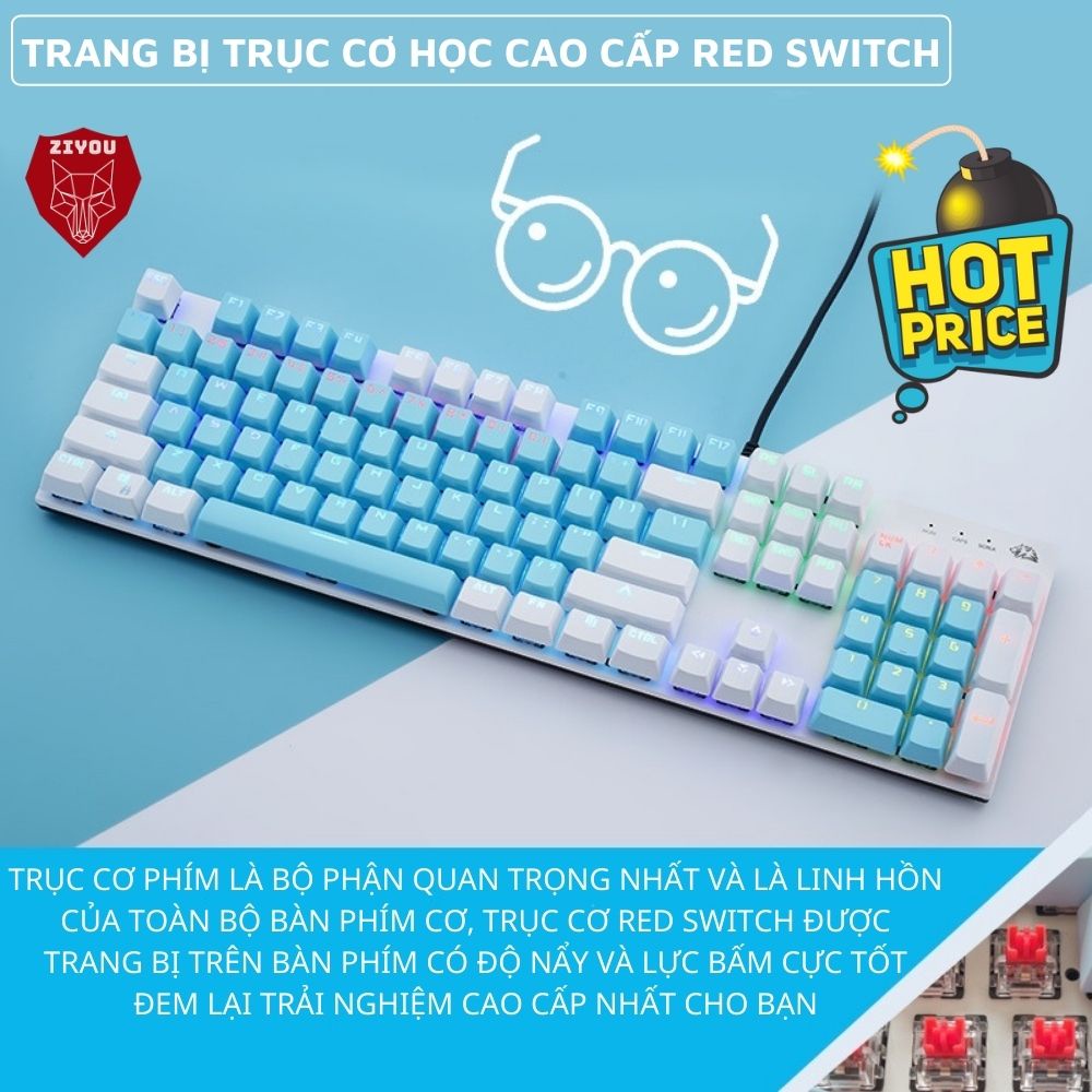 Bàn Phím CƠ Cao Cấp Ziyou K1 LED 20 Chế Độ Cực Đẹp, Trục Cơ RED SWITCH Gõ Siêu Êm, Phím Full Size Cho Máy Tính Laptop