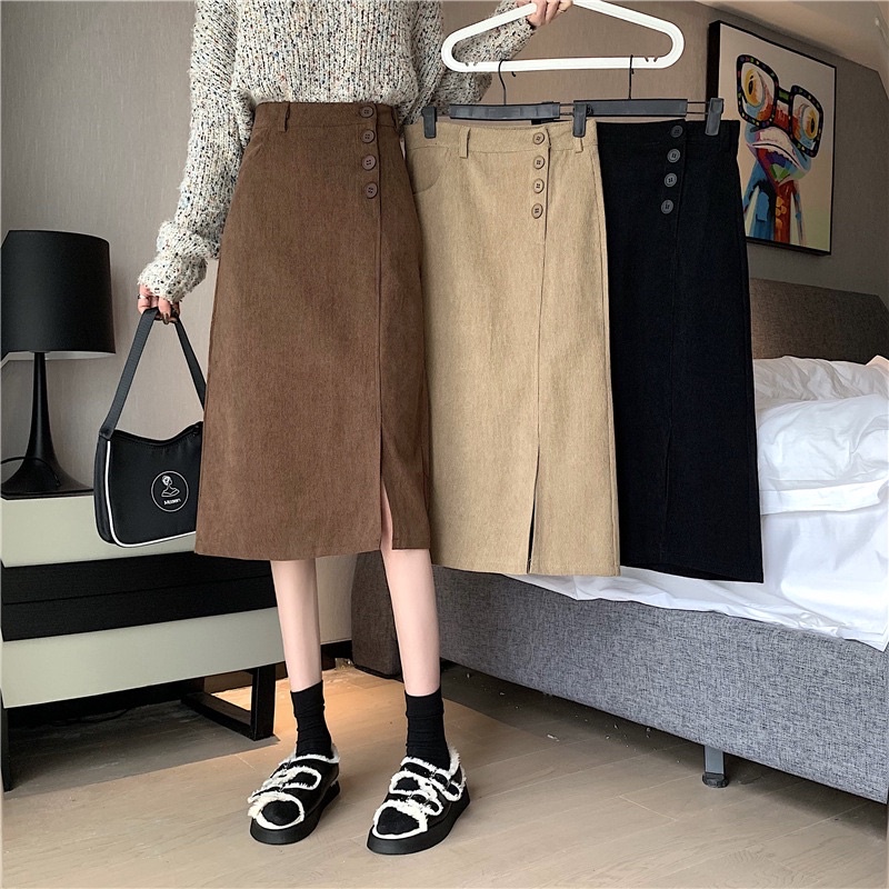chân váy dài nhung midi xẻ lệch trước 4 cúc ẢNH THẬT VIDEO hichi