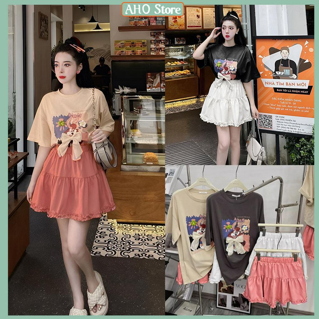Set Váy Nữ Áo Phông Nữ In Hình Thỏ Đính Nơ Nổi Mix Chân Váy Đũi 2 Tầng Viền Bèo Có Lớp Lót Freesize
